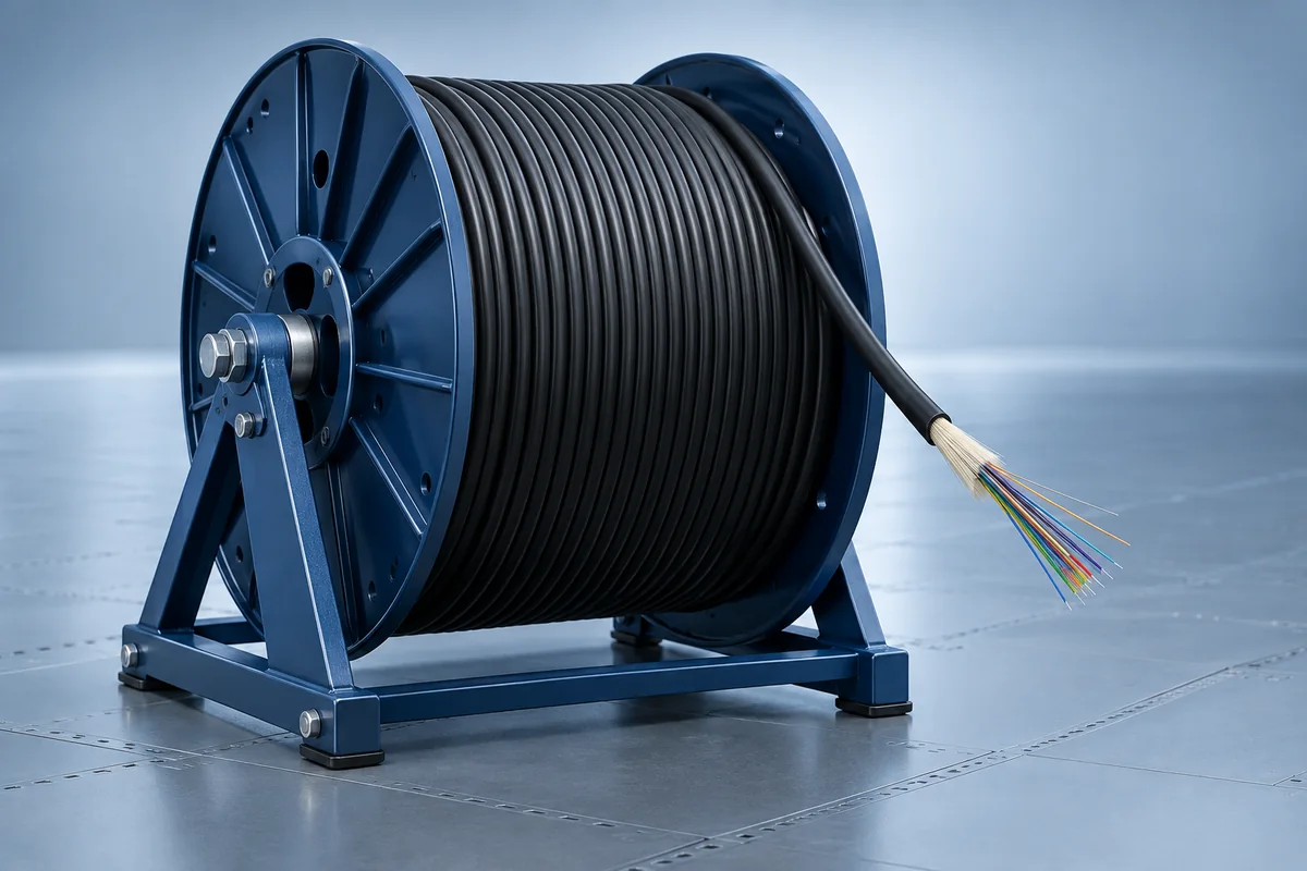 Fiber splice trays, heat shrink sleeves and protection tubes on a cable reel