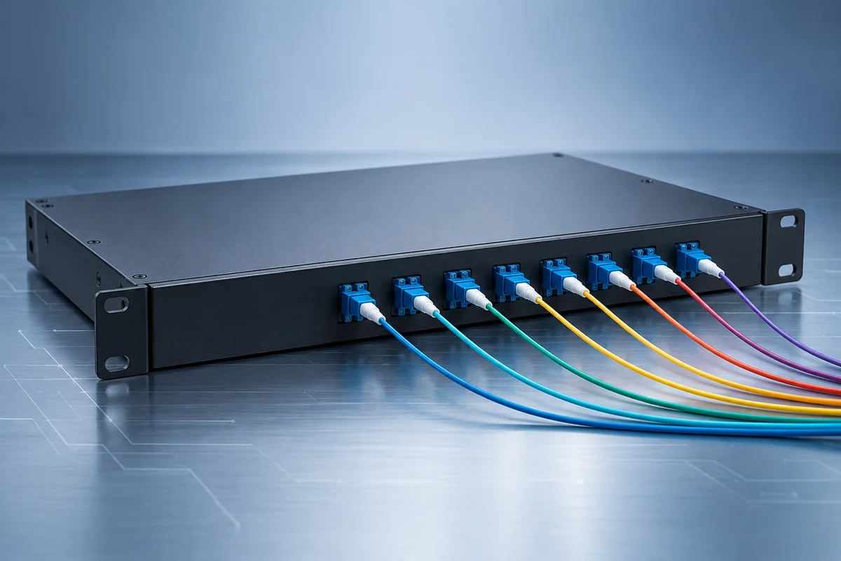 Rack-mounted fiber termination panel with splice trays and patch cords